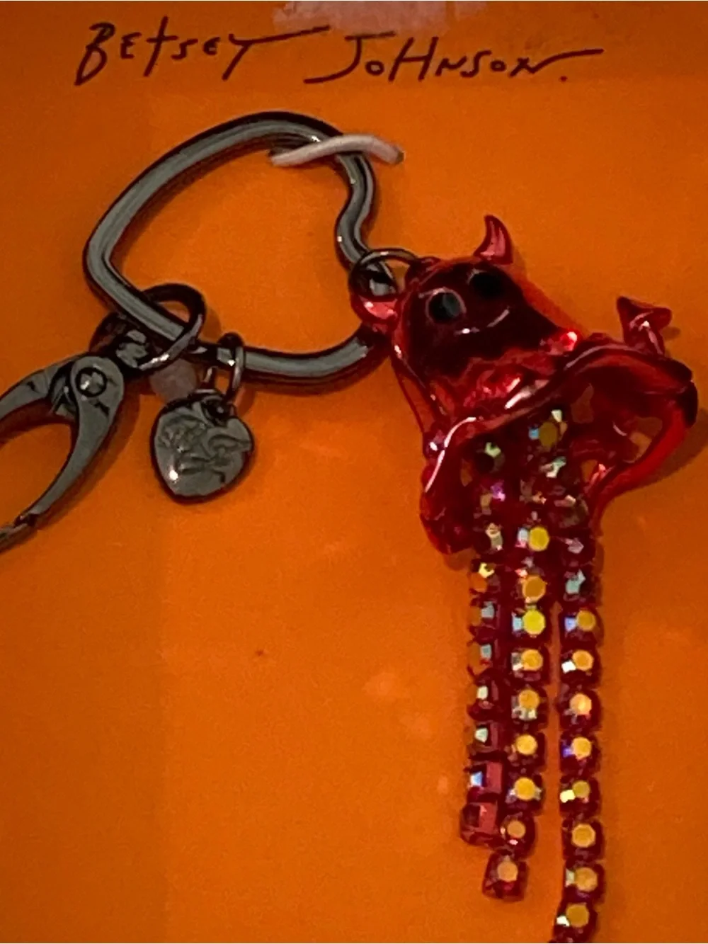 NIB Betsey Johnson Red Devil Ghost Charm Bag Charm with Rhinestone Tassels